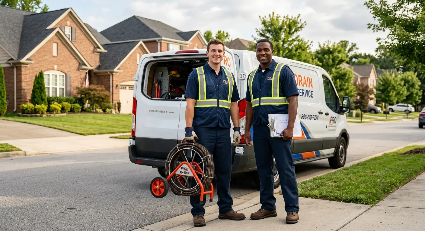 Sewer and drain service team with equipment ready for work in Manassas Park