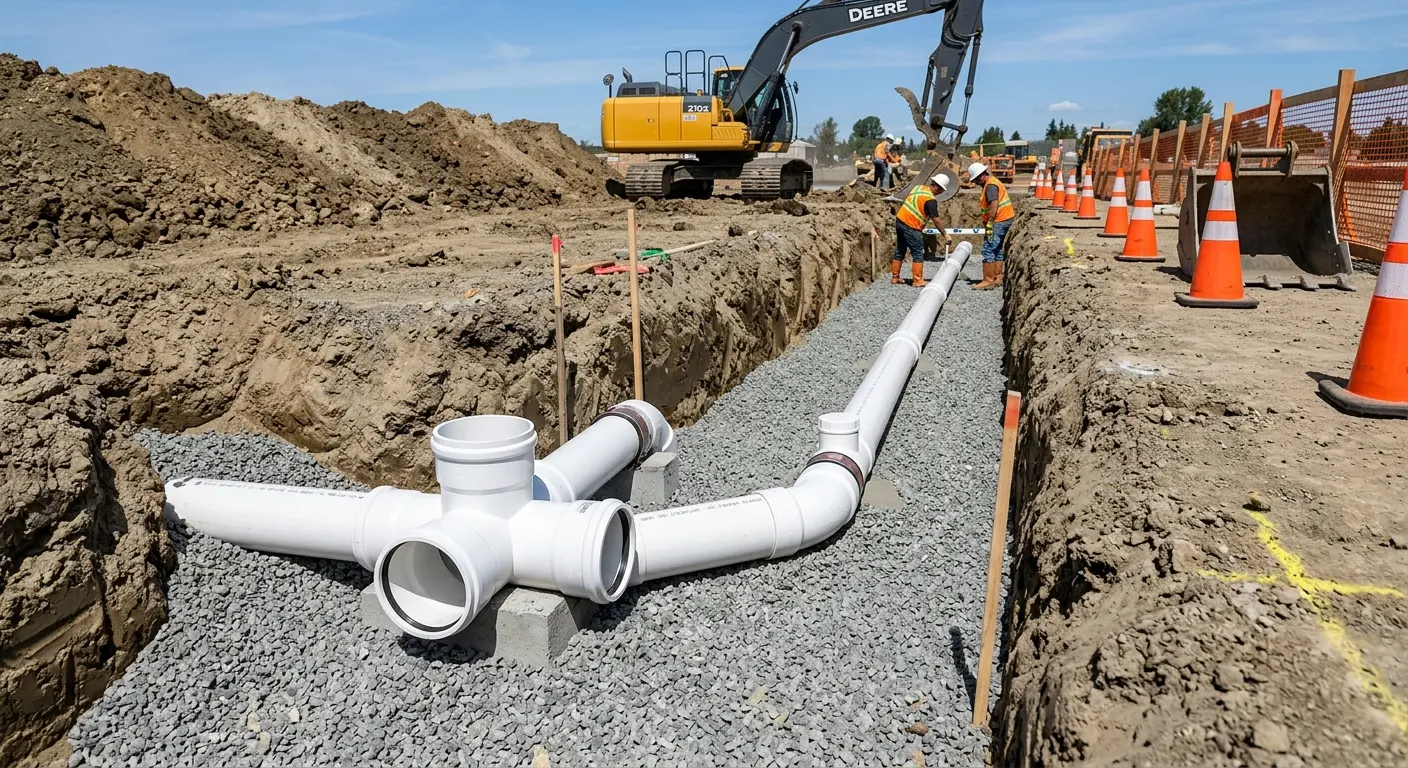 New PVC sewer pipe installation in open trench for Sewer Backup in Manassas Park