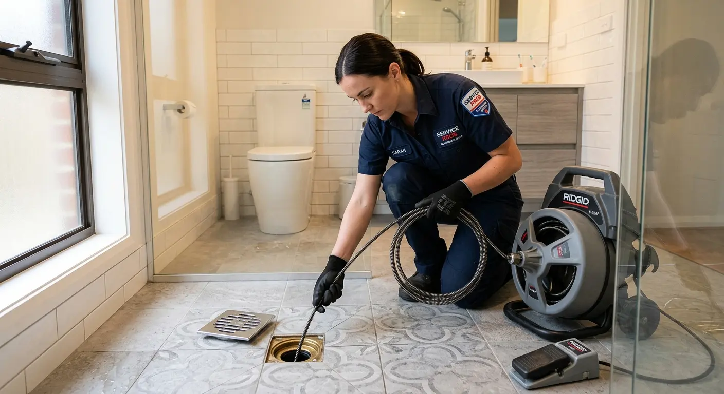 Technician clearing a bathroom floor drain for Drain Cleaning in Manassas Park